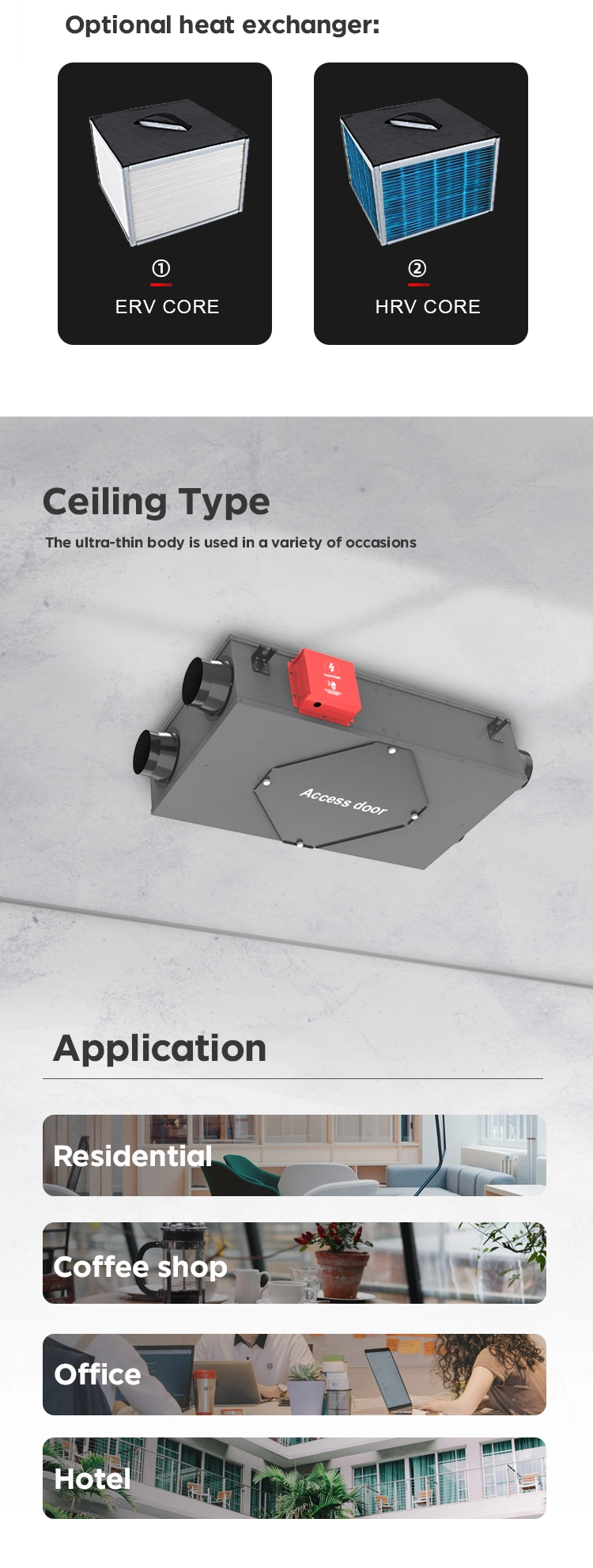 Air Exchange Ventilation Ceiling Type HVAC System Heating Recovery Ventilator Ultra Slim design Recuperator